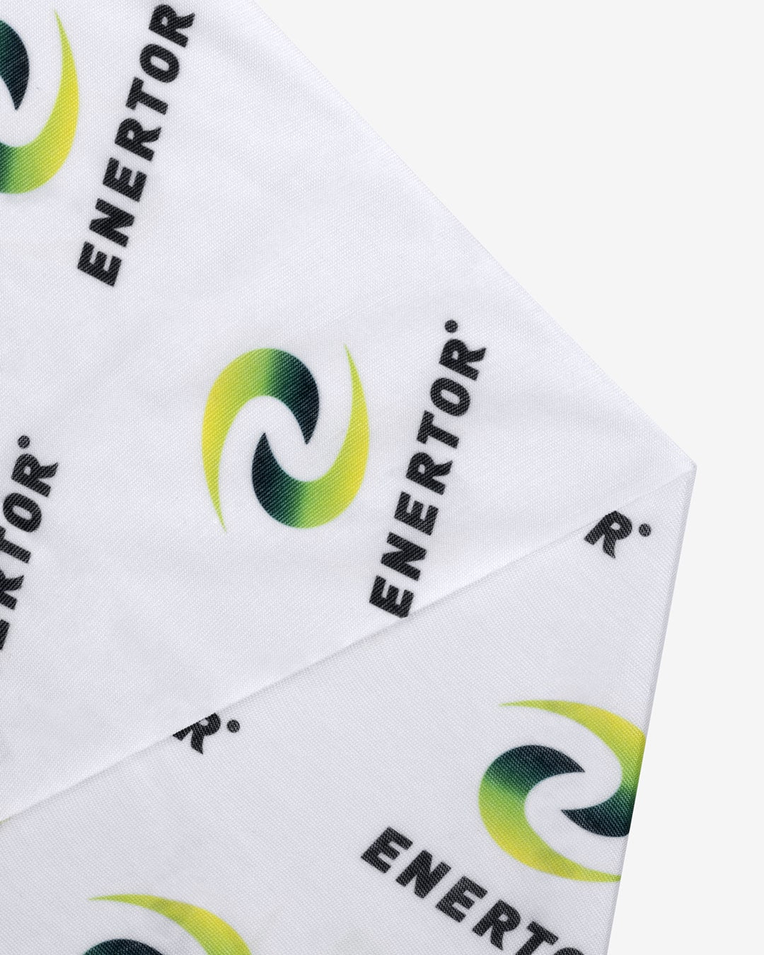 Enertor White Neck Tube With Green and Yellow Swish Gradient Logo Close Up