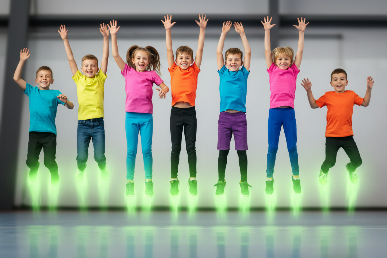 Bambini felici con solette che brillano di verde fluorescente