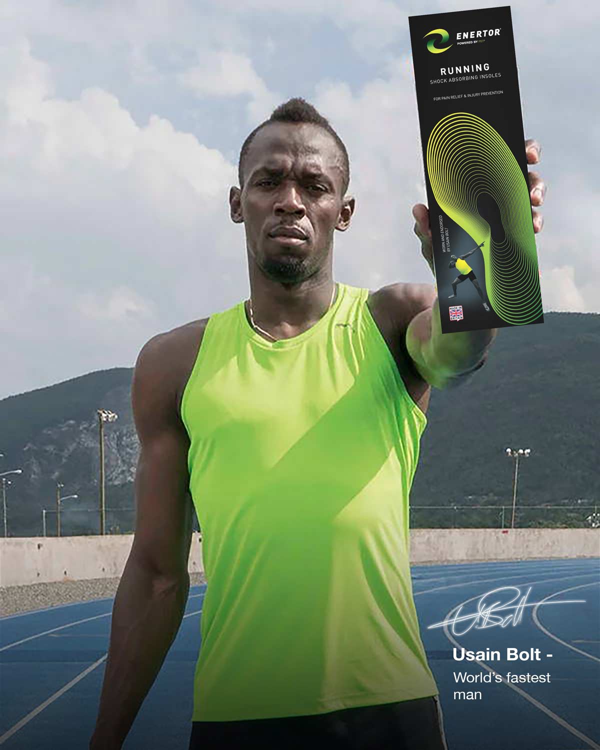 Usain Bolt holding Enertor Running Insoles - Twin Pack