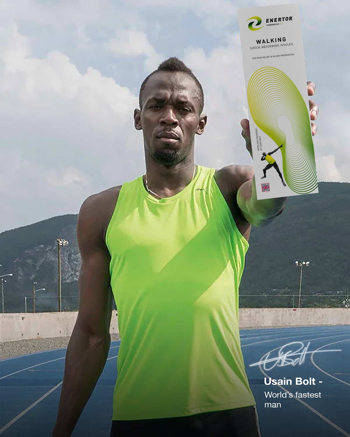 Usain Bolt holding Enertor Walking Insoles - Twin Pack